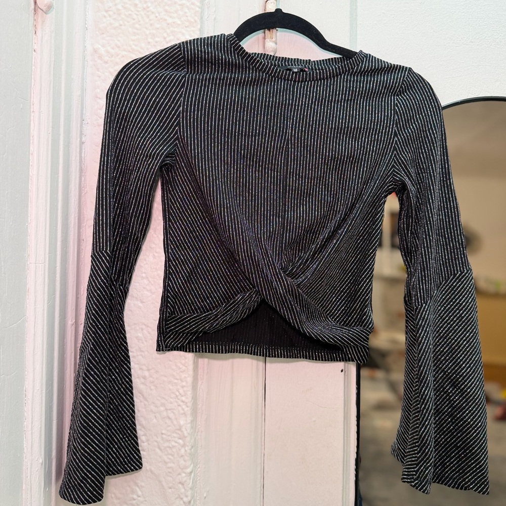 Black Metallic-Tone Twist Front Long Sleeve Top